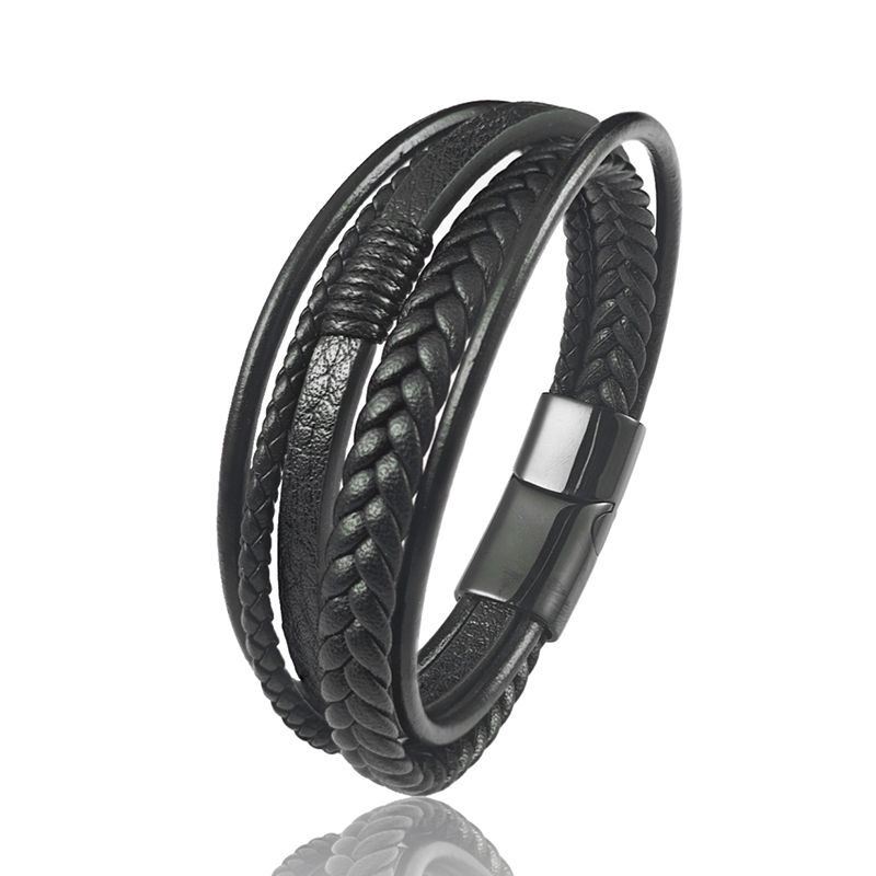 Thumbnail: Fashion Vintage Men Multi Layer Braided Leather Bracelet Black Magnetic Clasp Vi