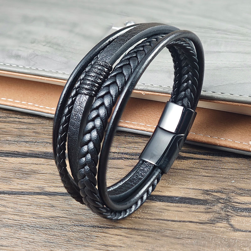 Fashion Vintage Men Multi Layer Braided Leather Bracelet Black Magnetic Clasp Vi