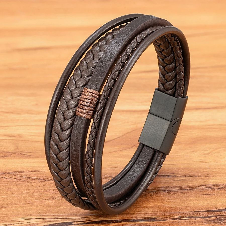 XQNI Luxury Fashion Hand-Woven Leather Bracelet Multilayer Men's Bangles Stainle