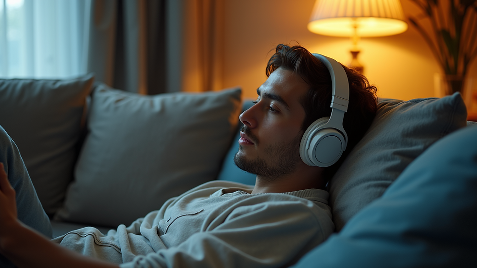 Eye-level view of a person wearing headphones and relaxing on a couch