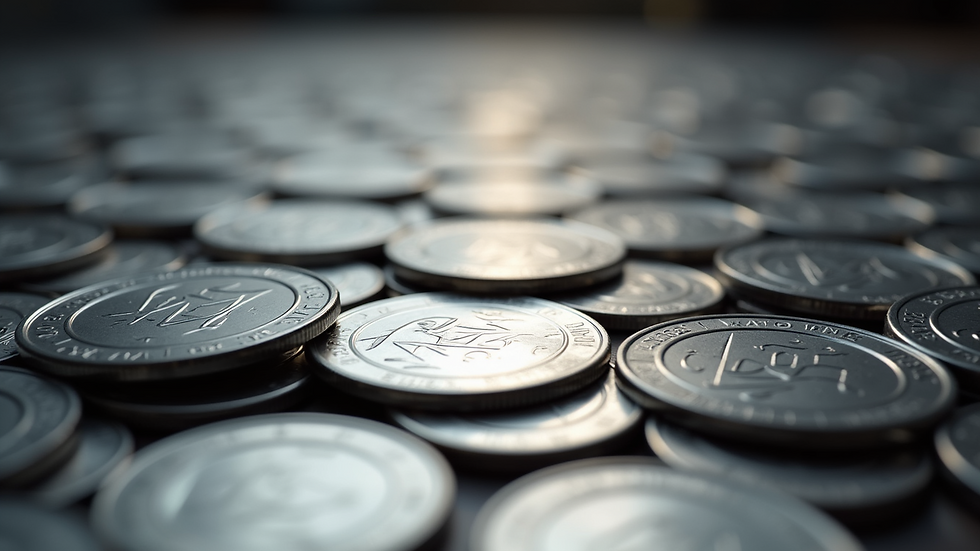 Eye-level view of silver coins arranged in a circle