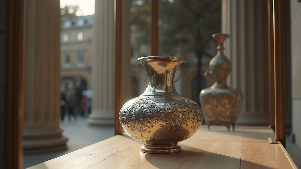 Eye-level view of a silver antique vase on display