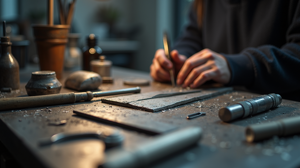 Eye-level view of a clean silversmithing workspace with tools neatly arranged