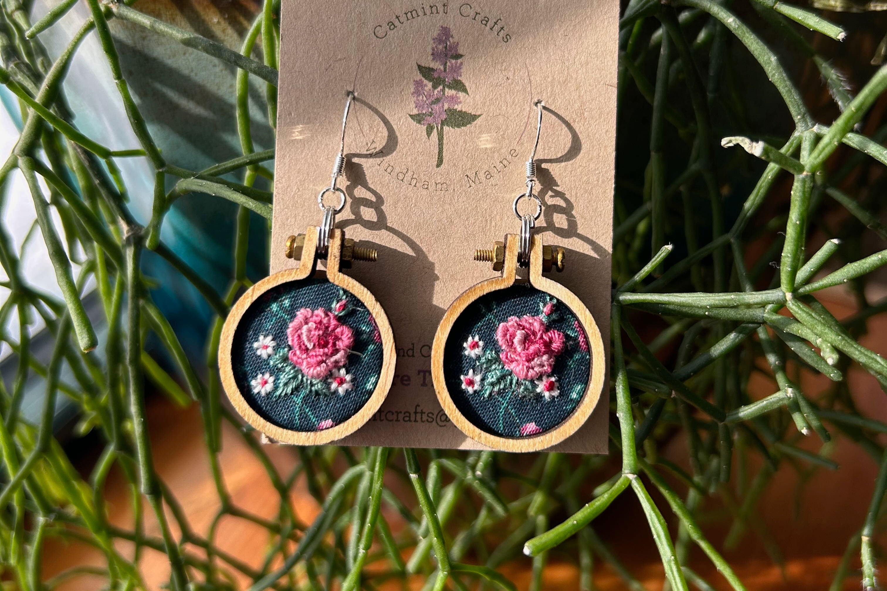 Bullion rose on dark blue embroidered earrings