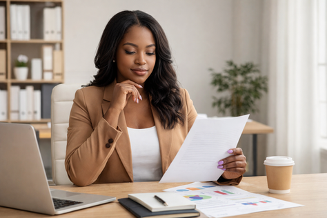 Confident Black woman business owner reviewing documents at her desk while planning business growth.