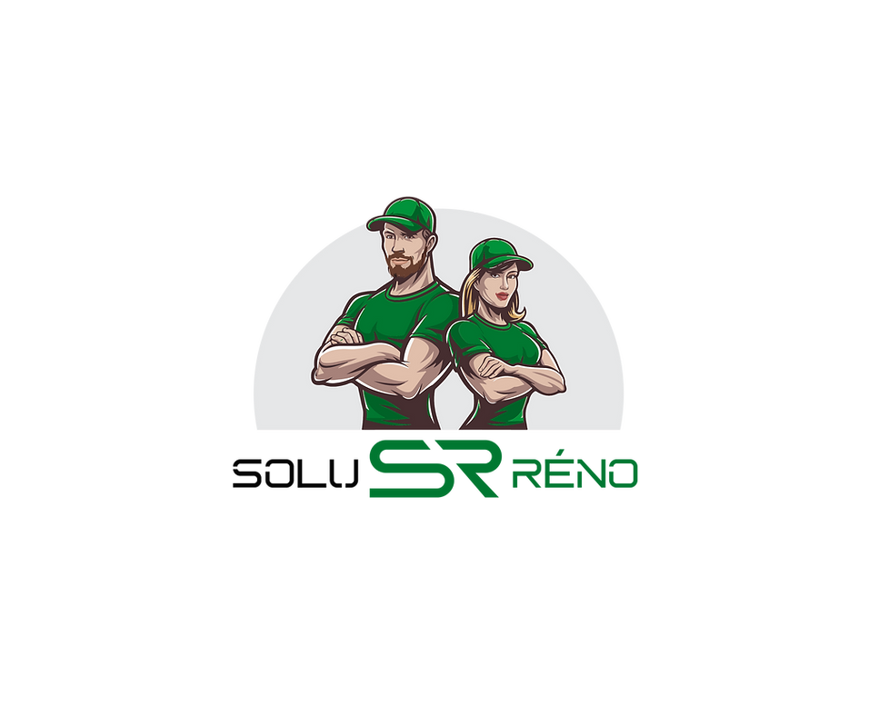 Logo de solu réno représentant un duo homme-femme en tenue de chantier vert foncé, bras croisés, debout côte à côte, sur fond demi-cercle gris clair. Le personnage masculin porte une barbe et une casquette, la femme est blonde avec une casquette assortie. En dessous, le nom de l’entreprise “SOLU RENO” est stylisé, avec les lettres “SR” en vert en évidence.