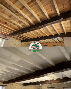 Avant / après peinture d’un plafond bois brut, rénovation intérieure.
