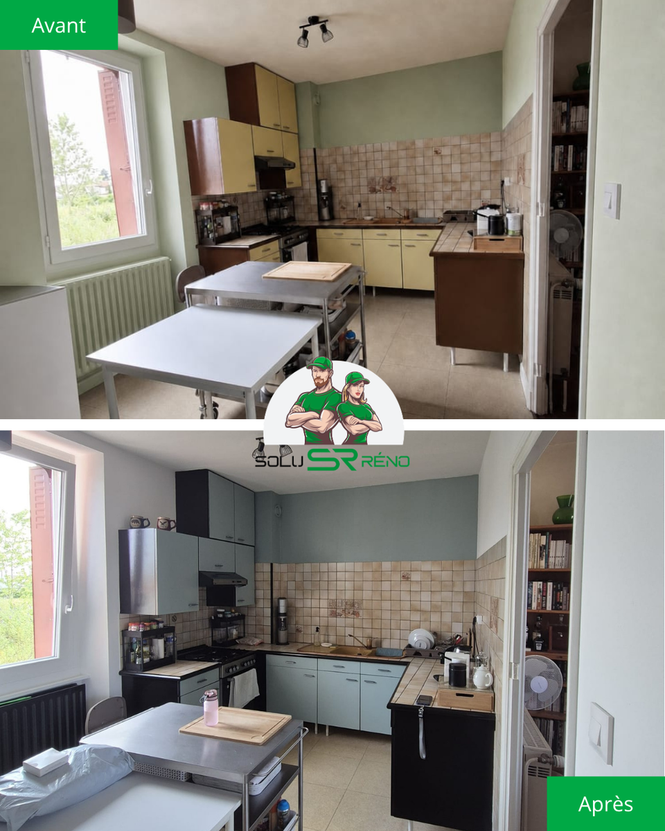 Cuisine aprÚs rénovation avec murs et plafond repeints.