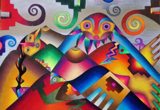 Pachamama vestida de color y vida, Roberto Mamani Mamani Pachamama vestida de color y vida, pintura de Roberto Mamani Mamani inspirada en la simbología de las montañas