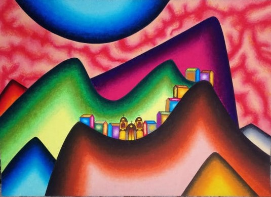 Luna de alma esperanza, Roberto Mamani Mamani Luna de alma esperanza, pintura de Roberto Mamani Mamani inspirada en las montañas sagradas andinas