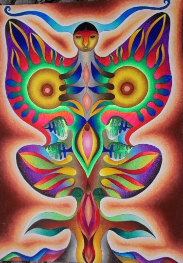 Un vuelo colorido para la vida, Roberto Mamani Mamani Un vuelo colorido para la vida, pintura de Roberto Mamani Mamani sobre el árbol de la vida
