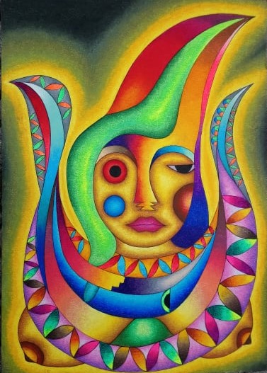 Mujer Río Mujer Selva, Roberto Mamani Mamani Mujer Río Mujer Selva, pintura de Roberto Mamani Mamani dedicada a las mujeres amazónicas
