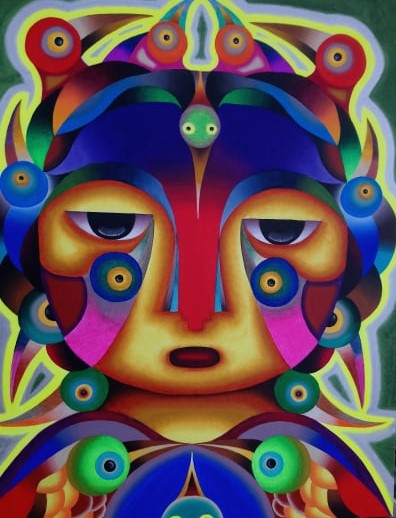 Ojos de vuelo de música, Roberto Mamani Mamani Ojos de vuelo de música, pintura de Roberto Mamani Mamani realizada en acrílico sobre tela