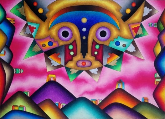 Canto a la Madre Tierra, Roberto Mamani Mamani Canto a la Madre Tierra, pintura de Roberto Mamani Mamani sobre un pueblo ancestral