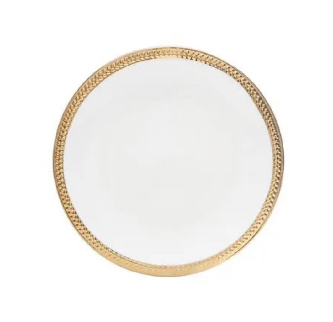 Prato Sobremesa Porcelana Branco e Dourado 19cm