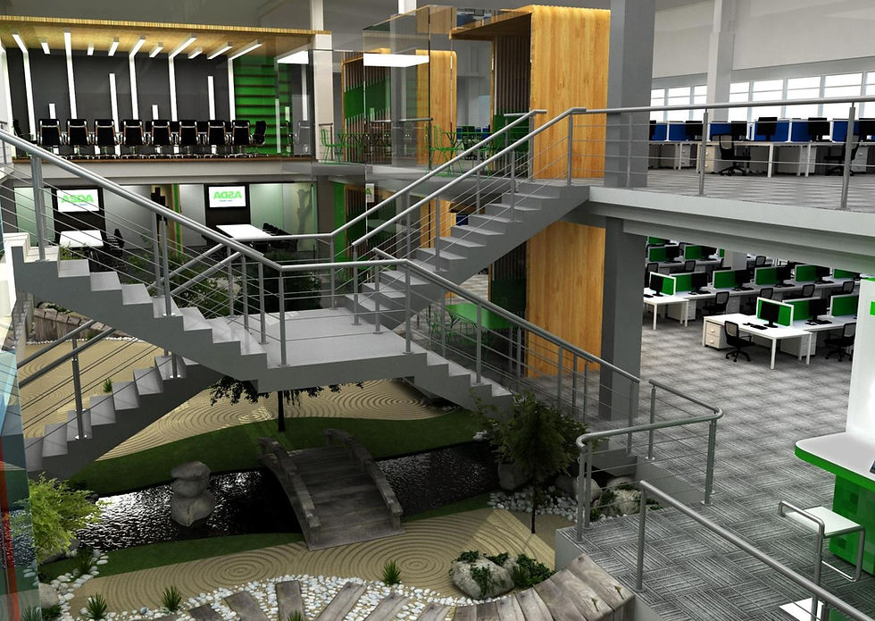 Contemporary office atrium with zen garden and open-plan workspaces
