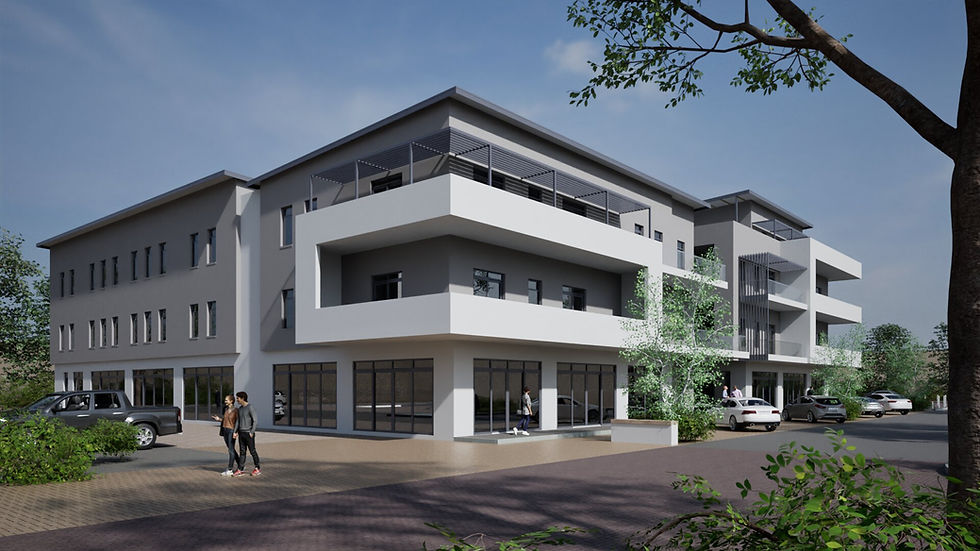 Modern mixed-use building with glass-fronted shops and residential balconies in urban Cape Town