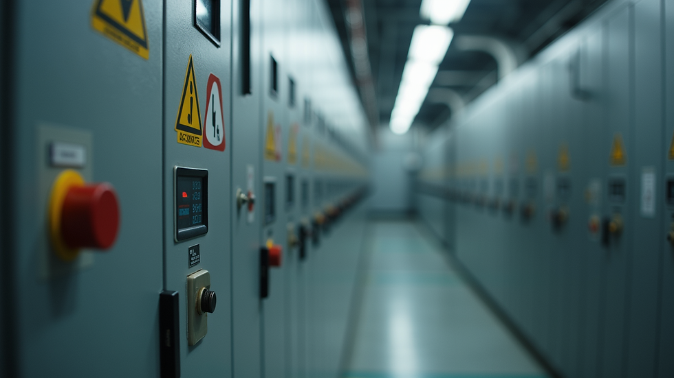 Eye-level view of industrial electrical panel with safety labels