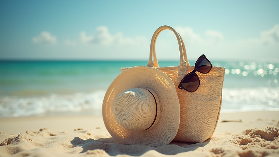 Eye-level view of a stylish beach tote bag with sunglasses and sunhat