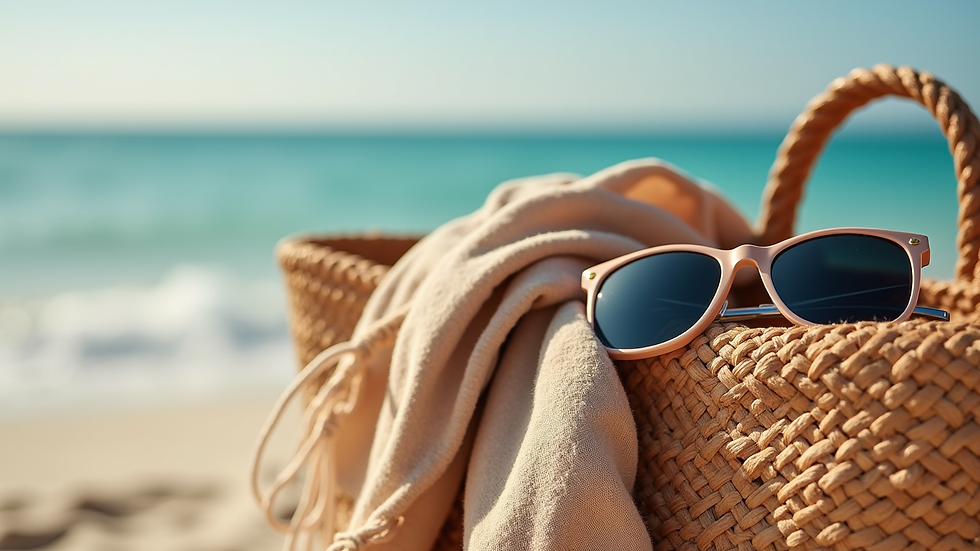Close-up of a woven beach tote bag with sunglasses and a scarf