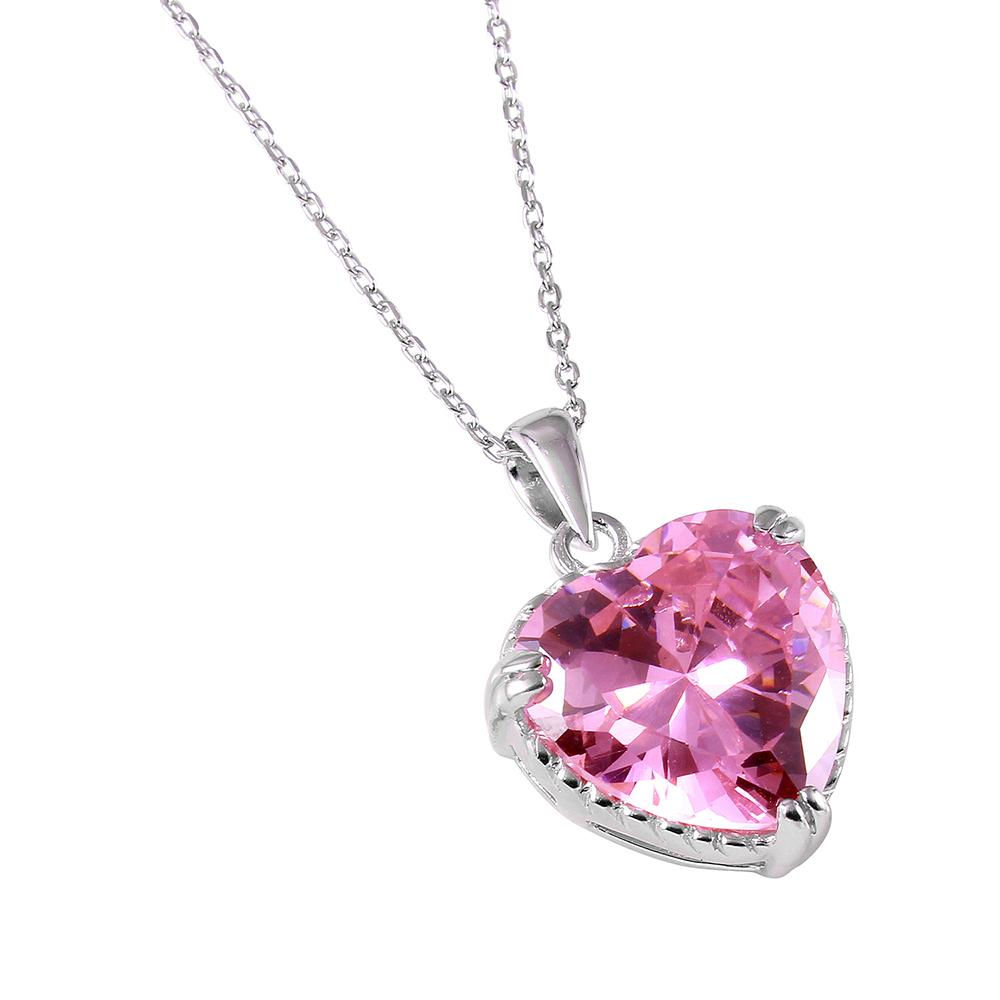 Pink Heart Cubic Zirconia Sterling Silver Pendant Necklace
