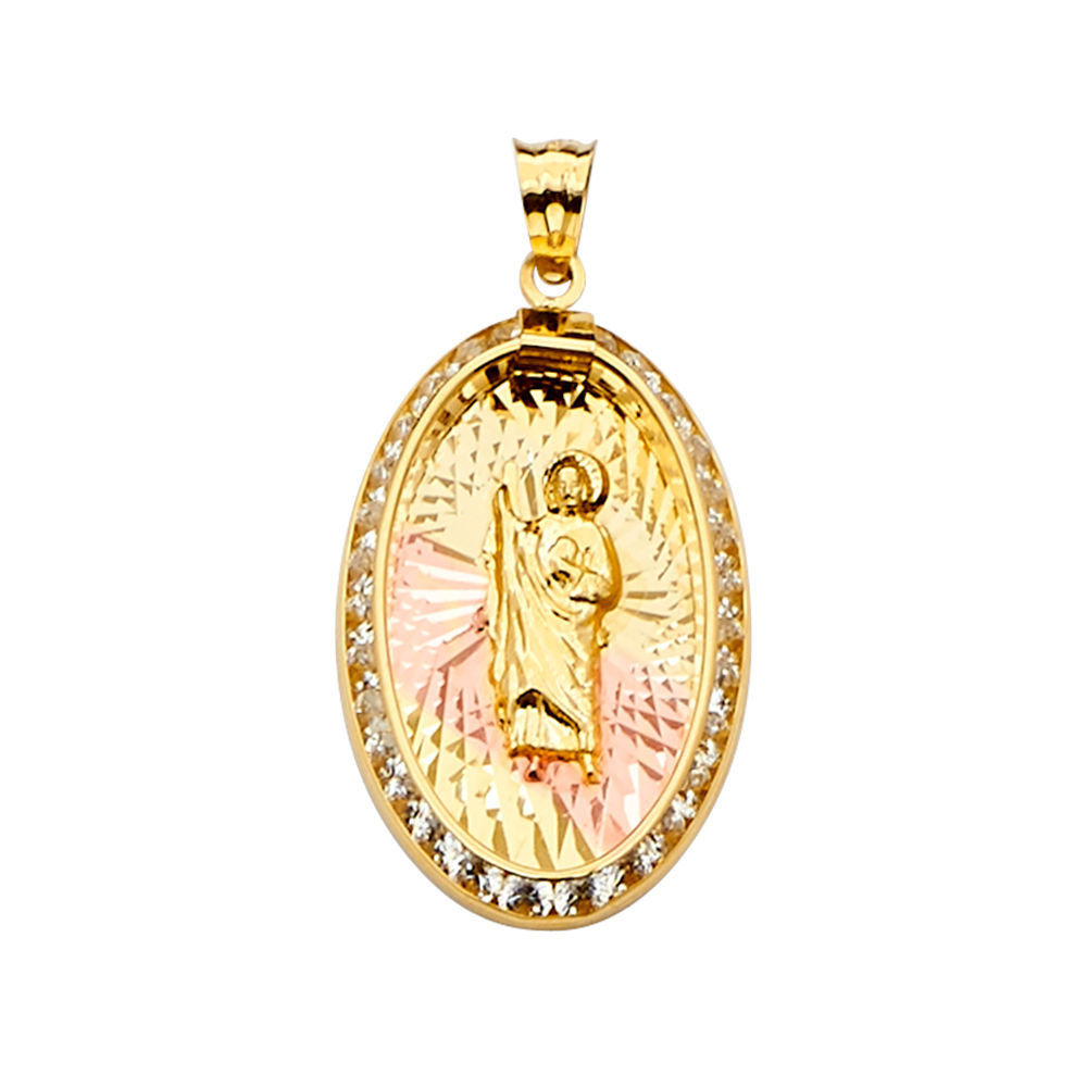 14K 3Color CZ San Judas Medal Pendant