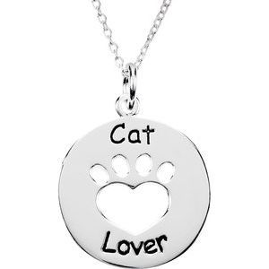 Sterling Silver Heart U Back™ Cat Lover Paw 18" Necklace