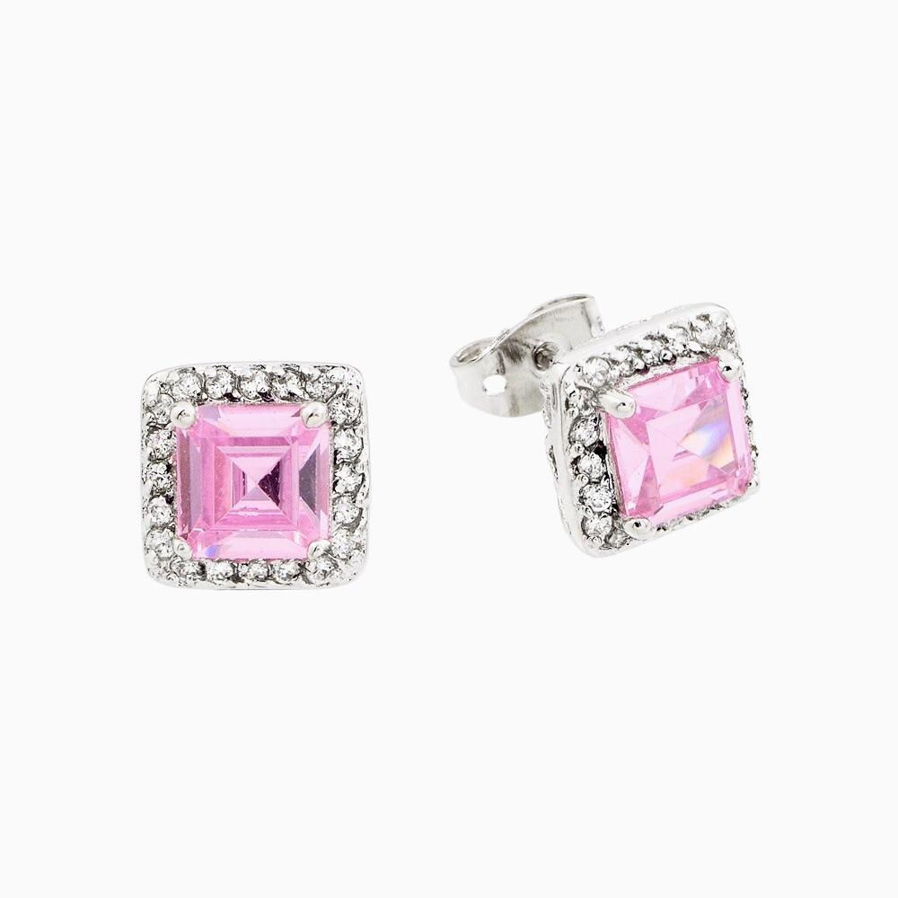 Pink Square Sterling Silver Studs Earrings