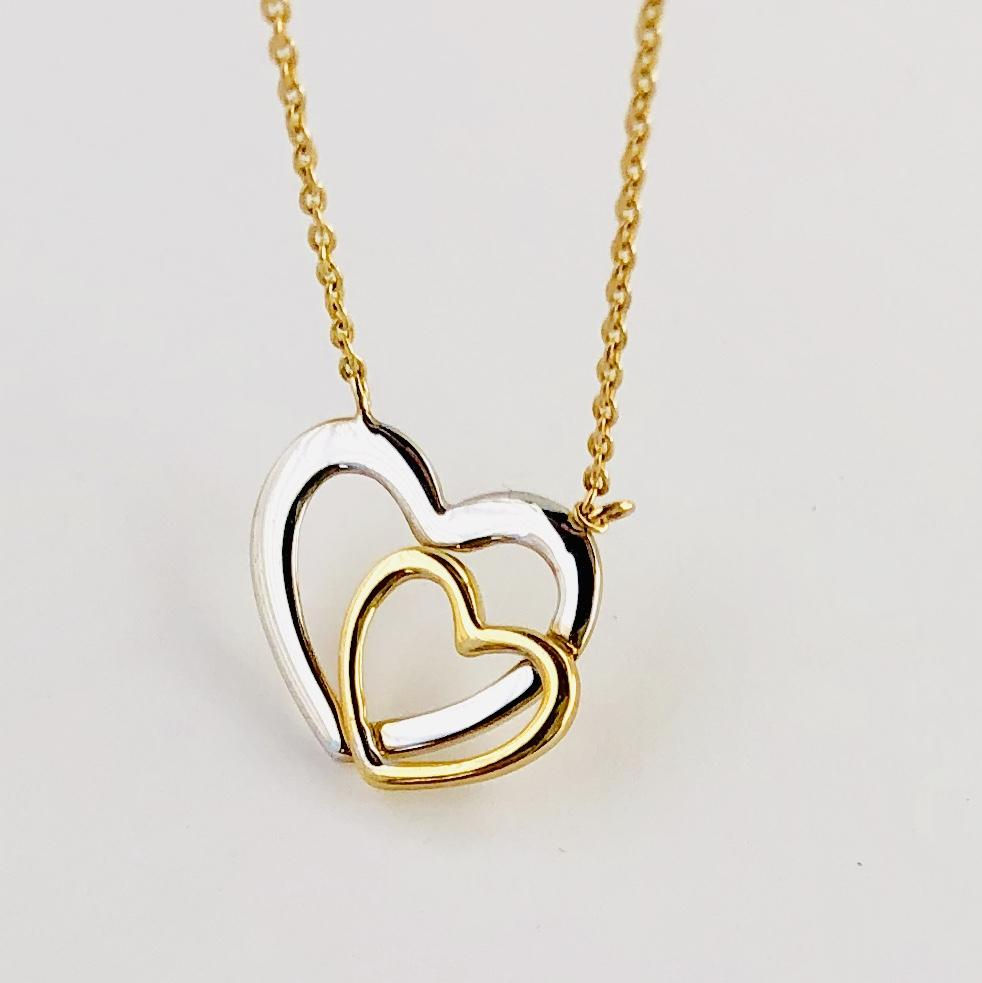 Double Hearts Necklace in 14k Yellow/ White Gold