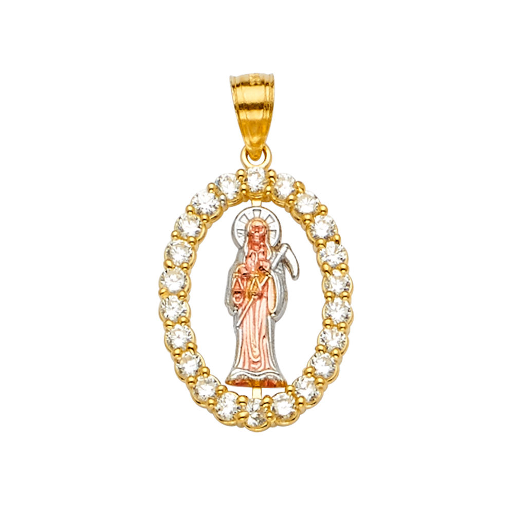 14K 3Color CZ Santa Muerte Pendant