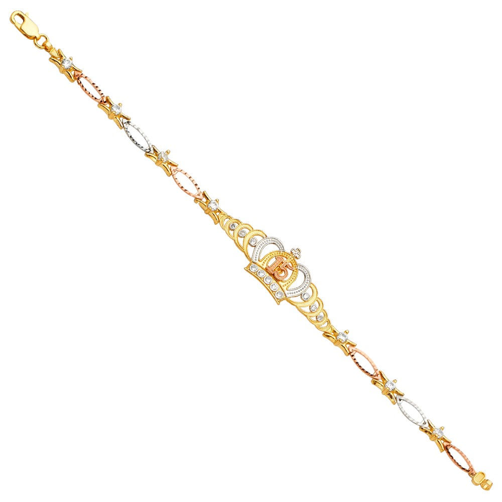 14K 15 YEARS CROWN CZ BRACELET
