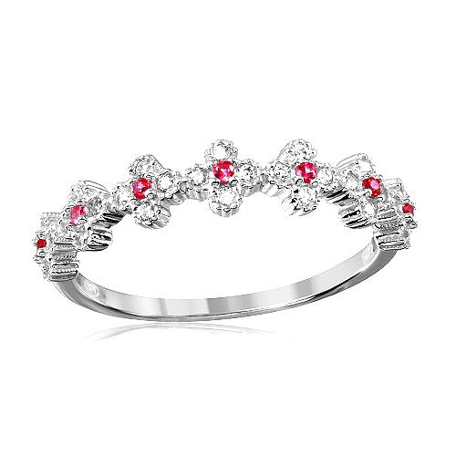 925 Rhodium Plated Clover Band with Red CZ Stones