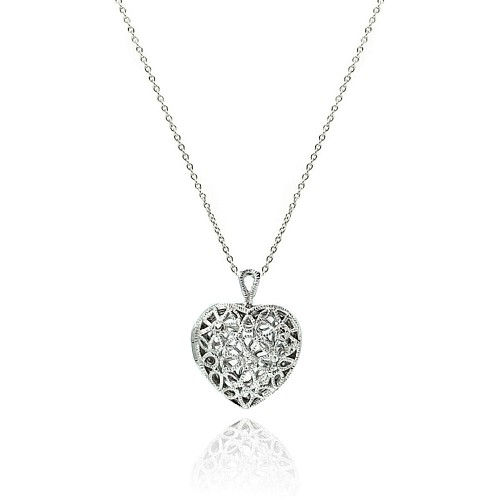 925 Clear CZ Rhodium Plated Heart Locket Pendant Necklace