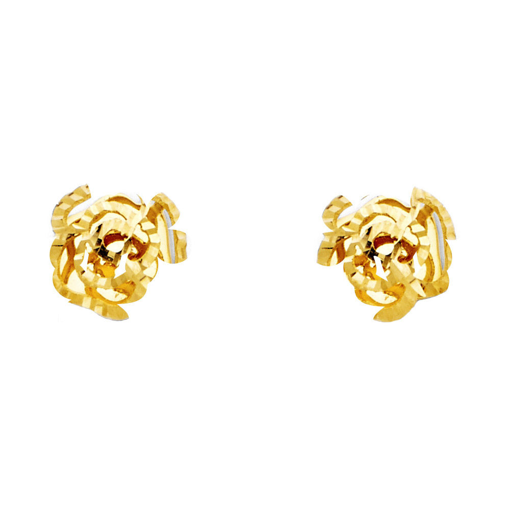 14K Yellow Open Rose Flower Stud Earrings