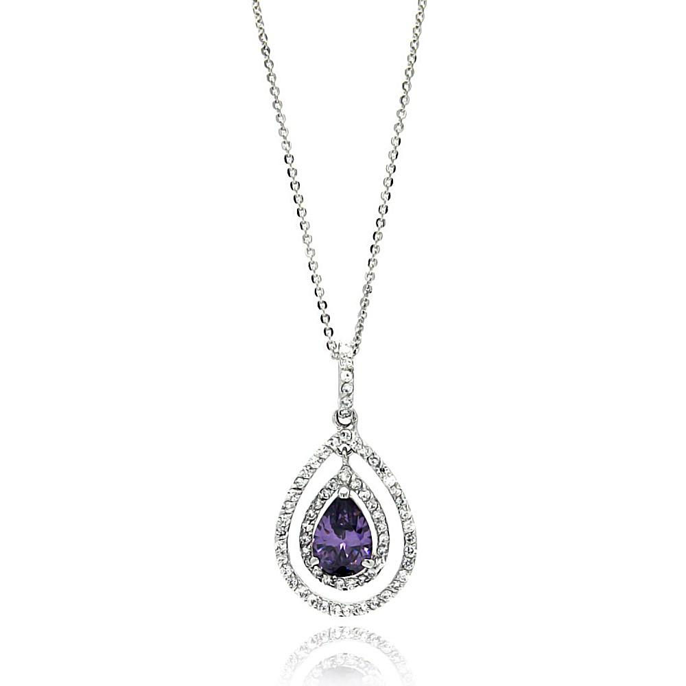 Open Teardrop Purple Cubic Zirconia Sterling Silver Pendant Necklace