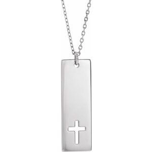14K White Pierced Cross Engravable Bar 16-18" Necklace