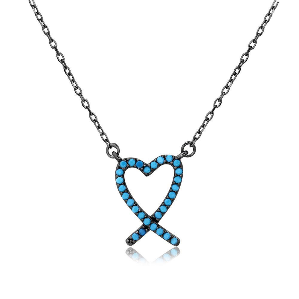 Open Heart Turquoise Stones Sterling Silver Necklace