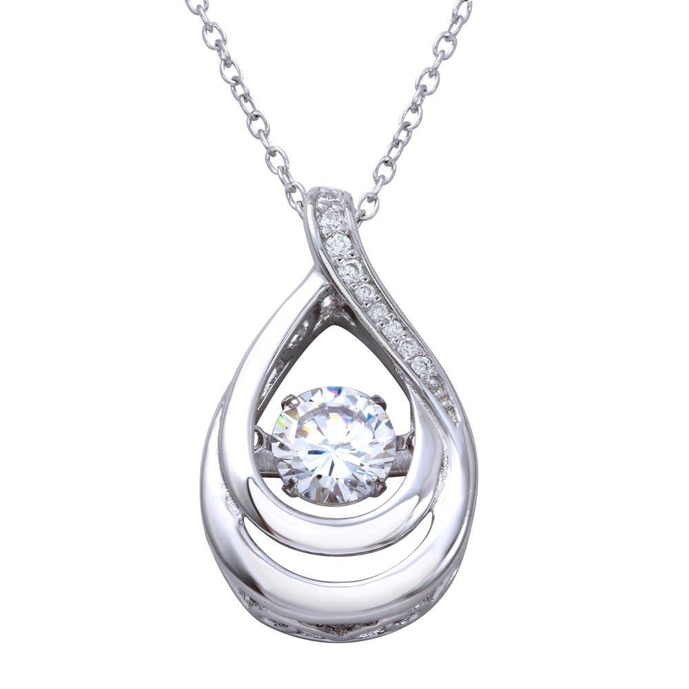 Dancing Cubic Zirconia in Center Sterling Silver Teardrop Necklace Pendant