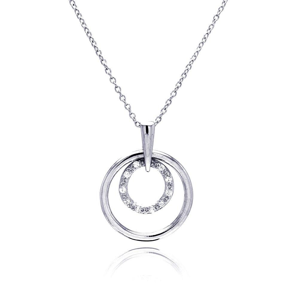 Double Circle Cubic Zirconia Sterling Silver Pendant Necklace