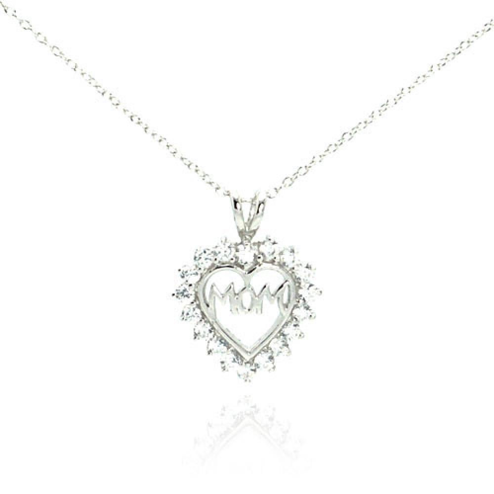 MOM Cubic Zirconia Sterling Silver Heart Necklace Pendant