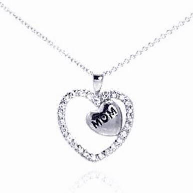 Double Heart MOM Cubic Zirconia Sterling Silver Pendant Necklace