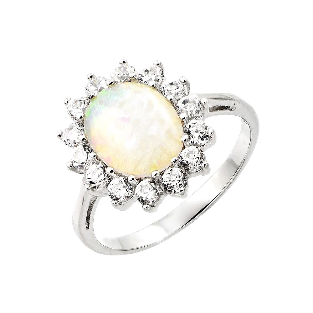 White Opal Center Cubic Zirconia  Sterling Silver Ring