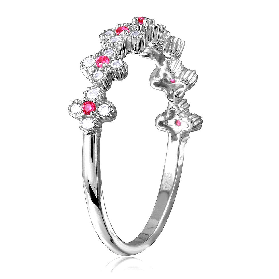 Thumbnail: 925 Rhodium Plated Clover Band with Red CZ Stones