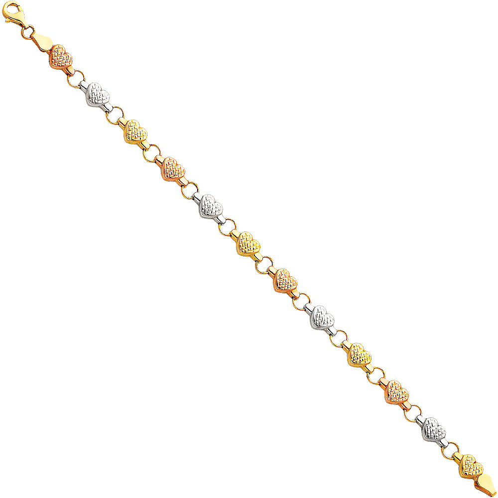 14K Tricolor Stampato Heart Bracelet