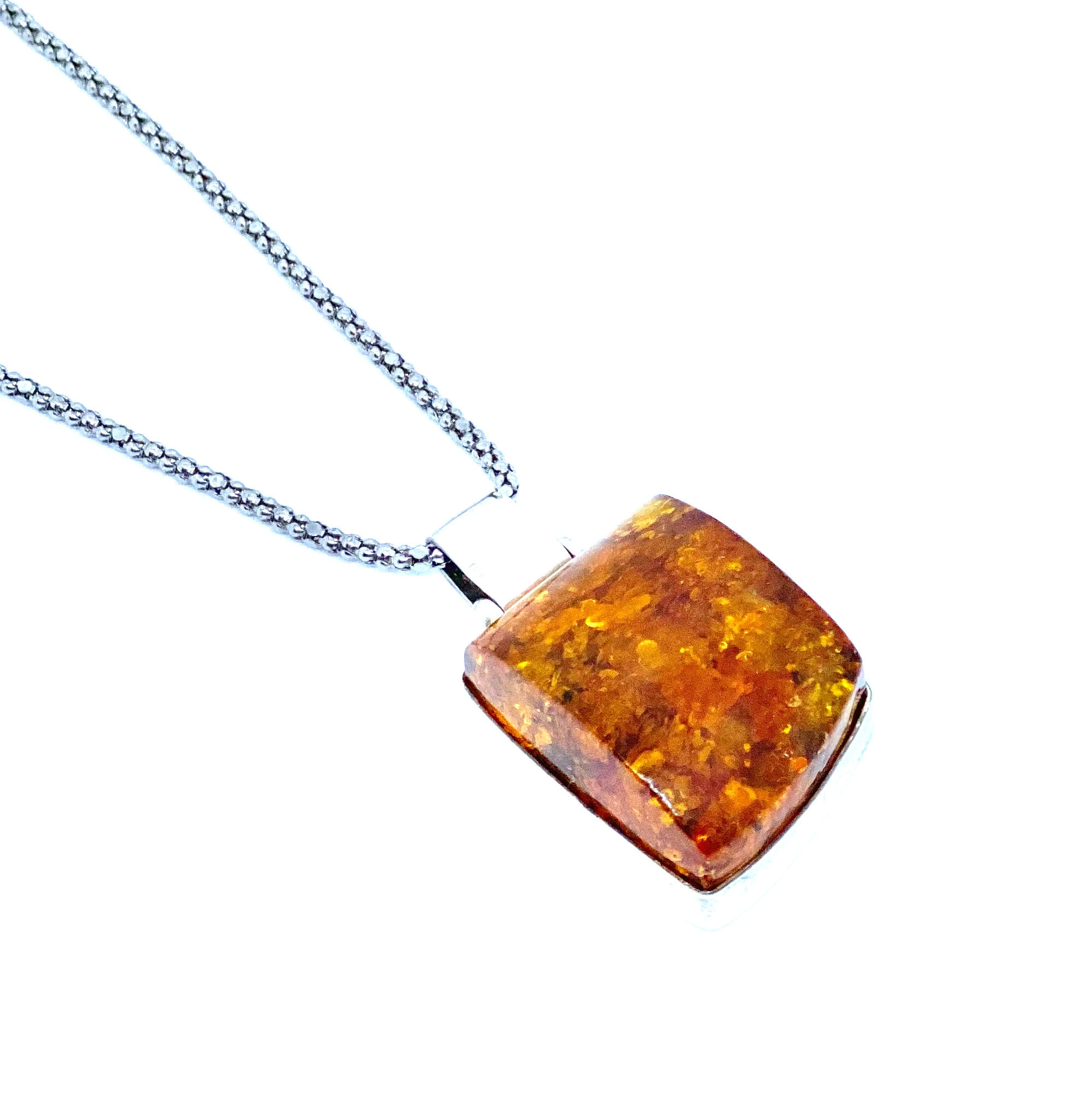 Natural Baltic Amber Square Sterling Silver Pendant