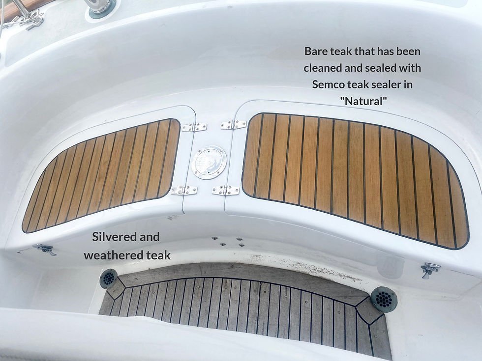 before and after cleaning and sealing bare teak in sailboat cockpit