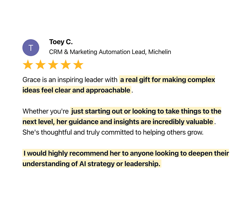 testimonial-leadership strategy and ai strategy with Grace KY Man AI Strategy League white