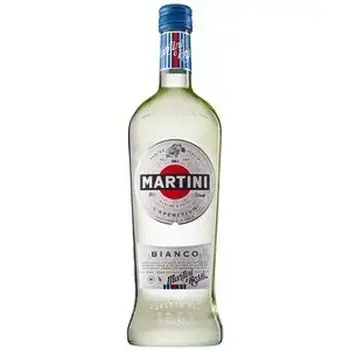 Бутылка MARTINI Bianco, прозрачная жидкость с этикеткой, содержащая логотип и информацию о продукте.