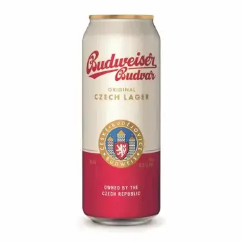 Пиво BUDWEISER Budvar в банке оформлено в традиционном стиле с яркими цветами.