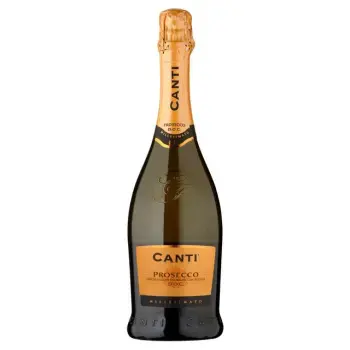 Бутылка CANTI Prosecco с элегантным дизайном, наполненная игристым вином светлого цвета.